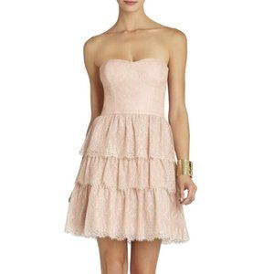 BCBG Lilah Tiered Lace Baige Bare Cocktail Dress